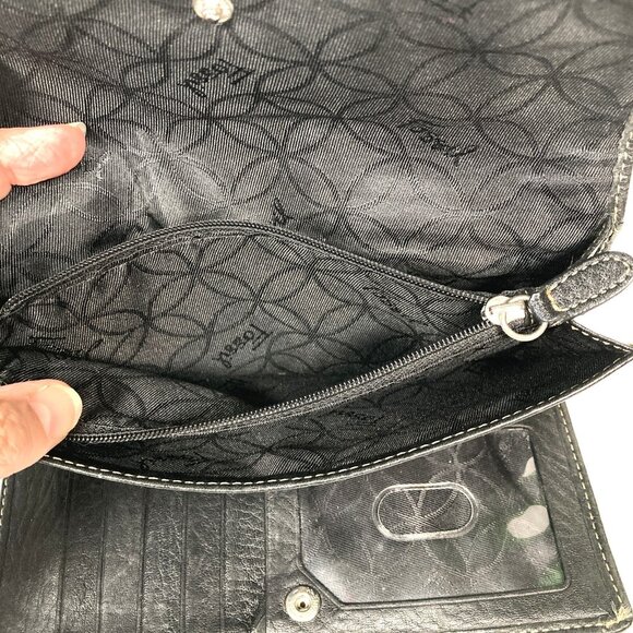 Fossil Black Leather Trifold Wallet Organizer Multiple Compartments Snap Closed - Picture 5 of 11